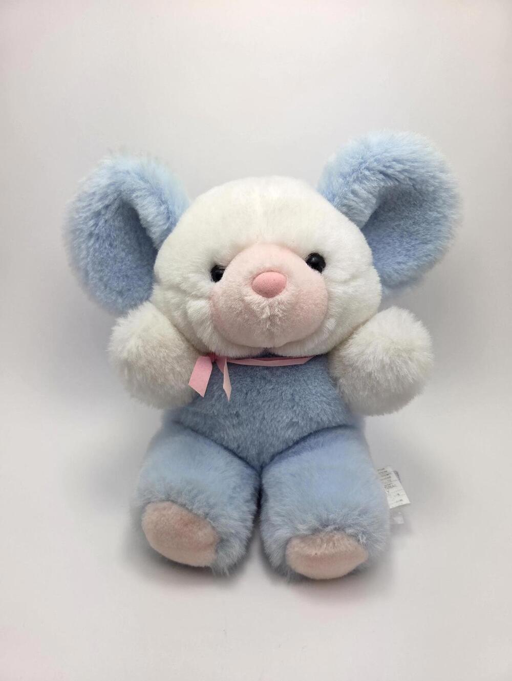 Vintage Blue and White Mouse Plush Toy Pink Bow (10 inch)